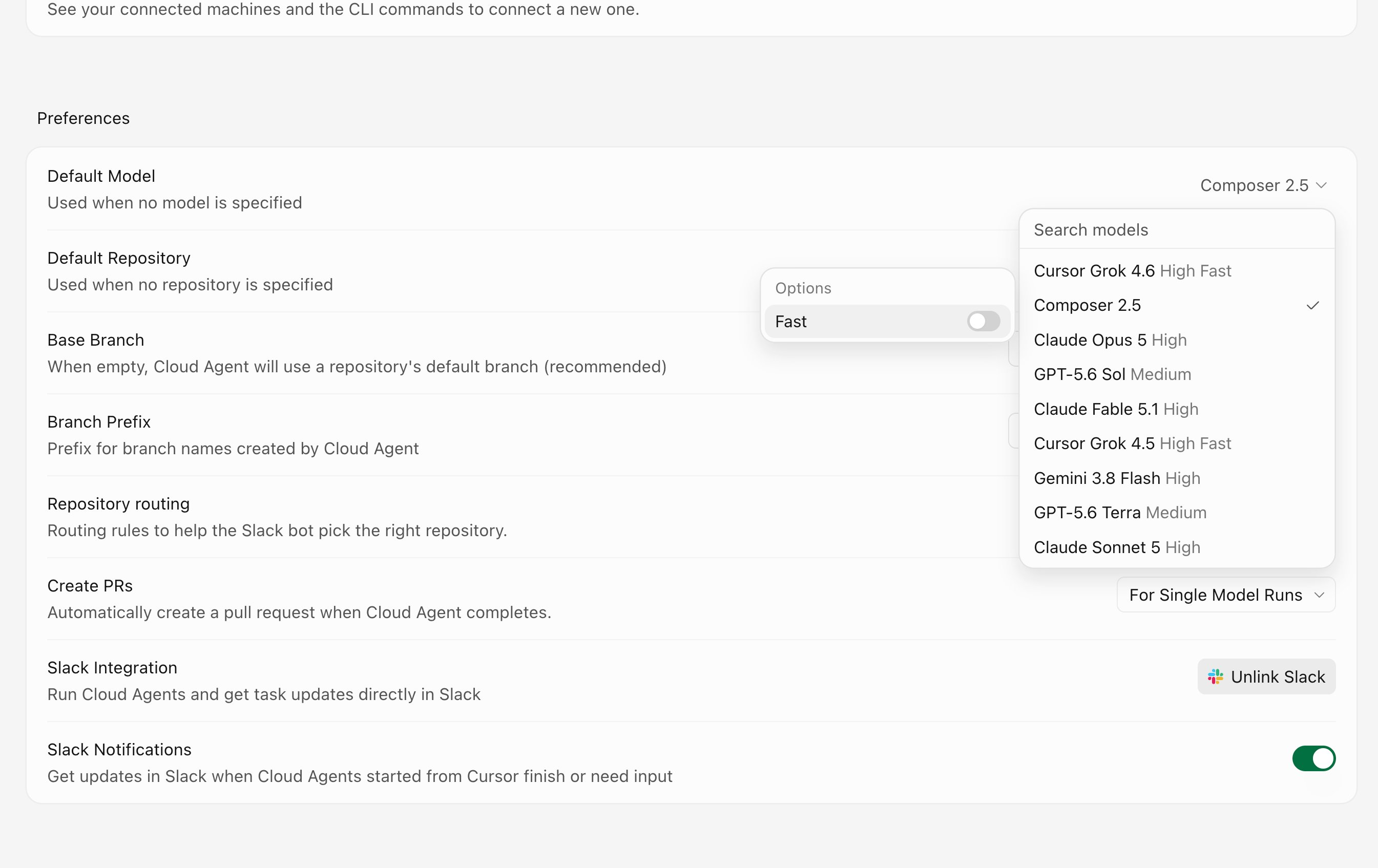 Cloud Agents の Default Model 設定(Composer 2.5、Fast オフ)
